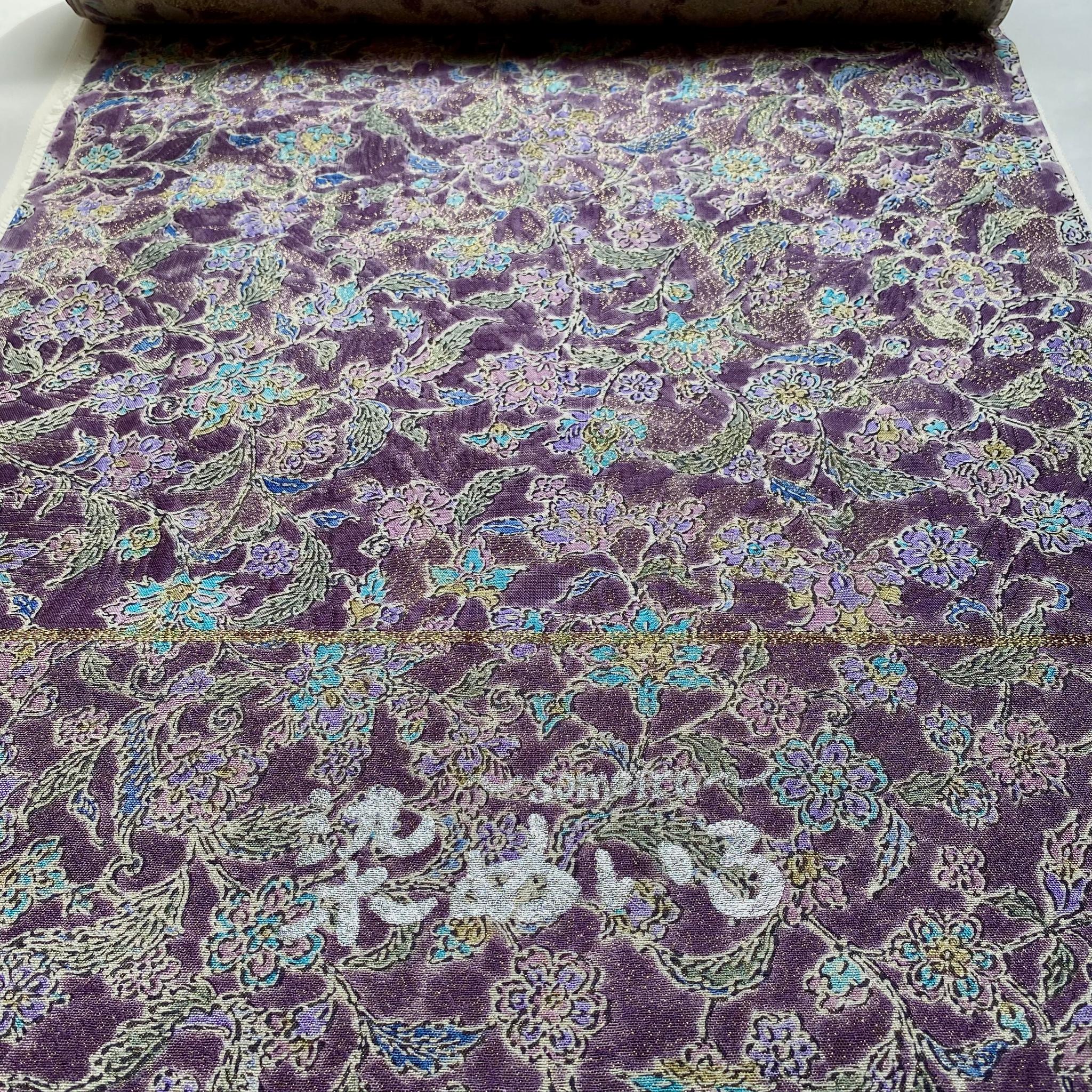 《未仕立て》手染め摺型友禅金糸帯 全通京更紗柄【草花】紫 | 4枚目